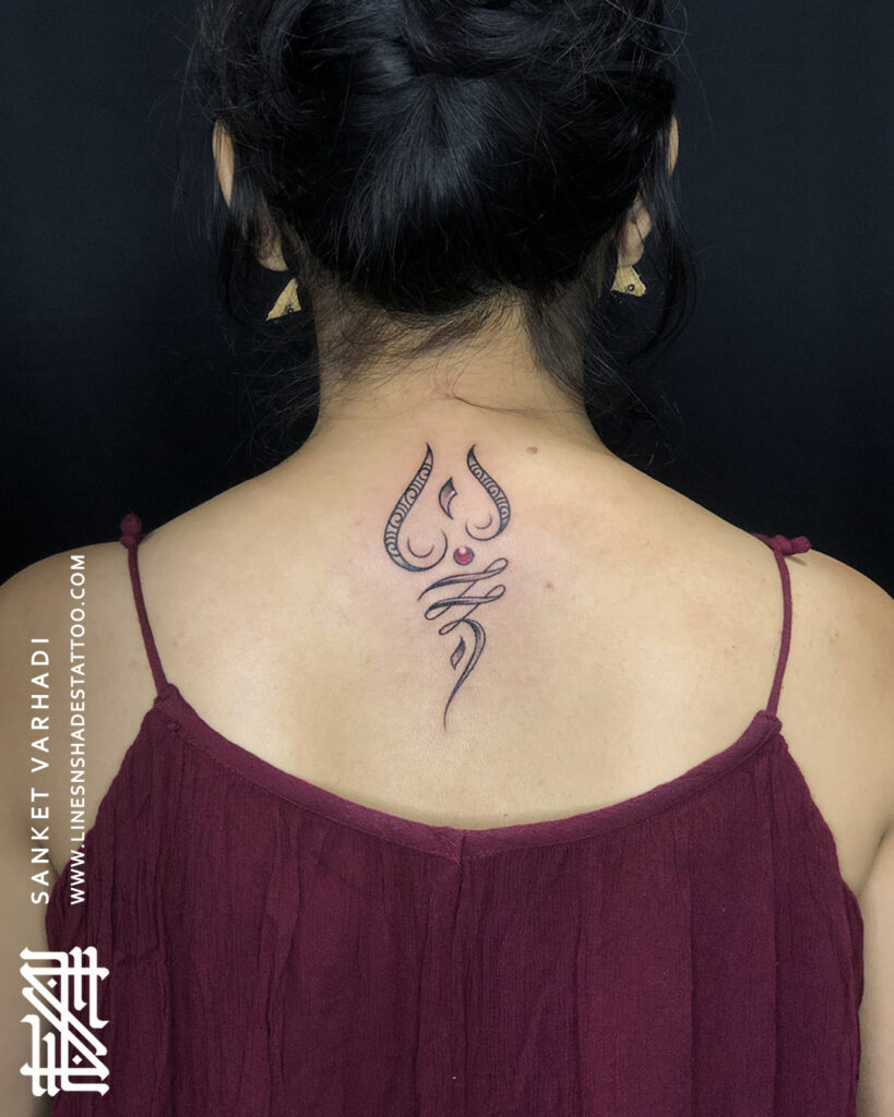 Black Ink Shiva Trishul Tattoo On Right Shoulder By Eternal Expression